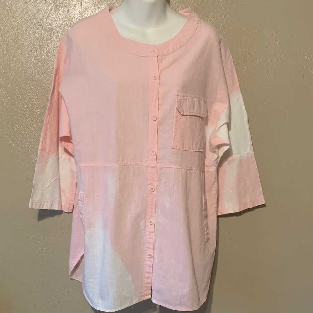 Zanzea size L Light Pink Tie Dye Casual Top Faux bottom pockets button down